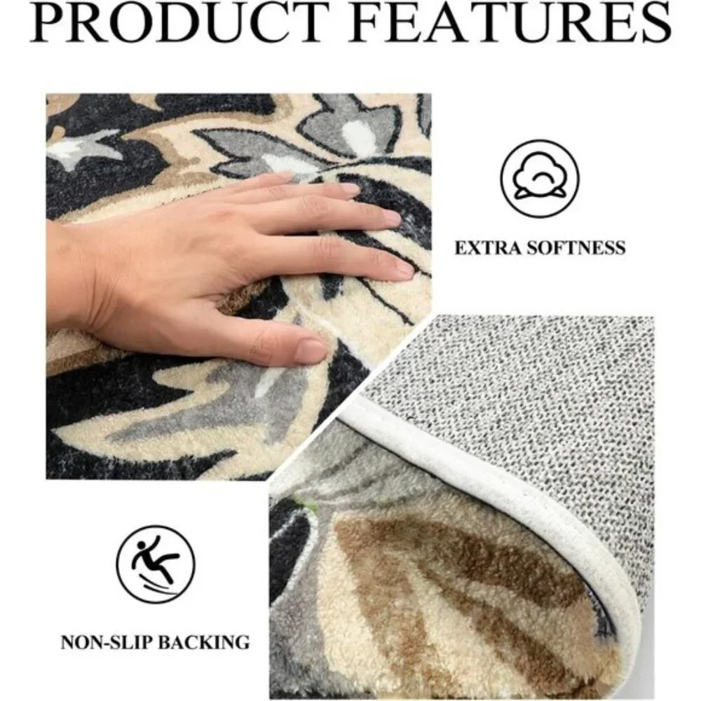 New 5Ft Black Floral Round Rug, Washable, Non-Slip Ultra-Thin Accent Carpet
